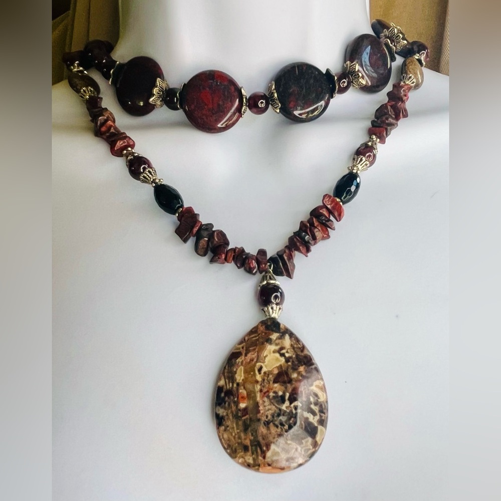 Artisan Red and Brown Stone Necklace Set